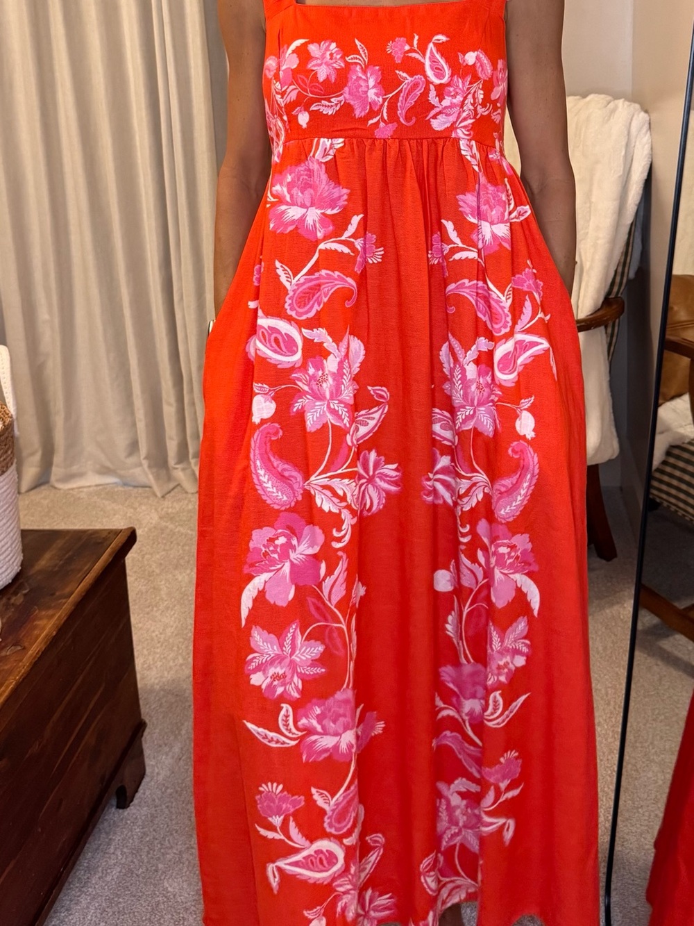 Bright Red Maxi Dress with Pink Floral Embroidery